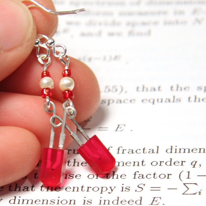 ON VACATION, Bright Red Wearable Tech LED Earrings Diode Recycled Electronic Computer Jewelry Long Chain unique eco friendly image 3