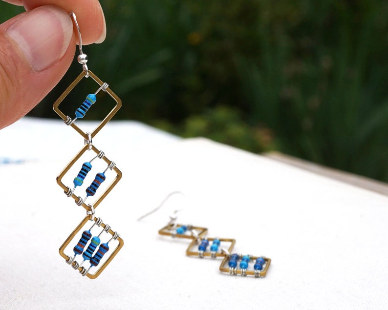 Geometric Computer Earrings Tiny Blue Resistors Wearable Tech Recycled Electronic Techie unique eco friendly image 3