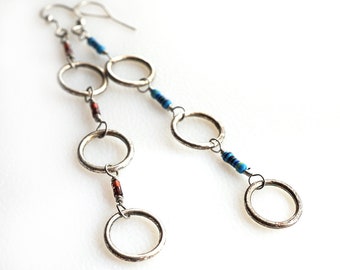 Long Silver Circle Earrings, Tiny Blue or Red Resistor Electronic Wearable Tech Computer Techie Minimal Modern