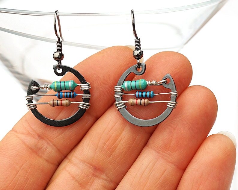 ON VACATION, Unique colorful Resistor Earrings Small Black Washer Steampunk Wearable Tech Upcycled Recycled Electronic image 2