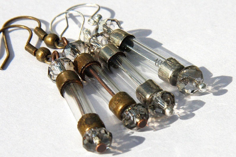 ON VACATION, Antique Fuse Steampunk Earrings Wearable Tech Glass Tube Earrings Upcycled recycled Electronic Computer Part image 2