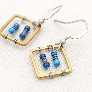 ON VACATION, Geometric Square Computer Earrings Techie Wearable Tech Blue Petite Resistor Recycled Electronic unique eco friendly