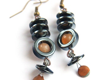 ON VACATION, Steampunk Earrings BORG 3 Resistance is Futile Wearable Tech Antique Rustic Brown Resistor Large Hematite Discs