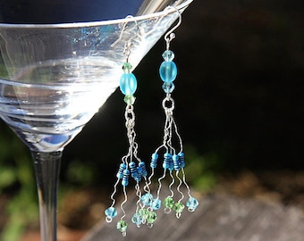ON VACATION, Blue Green Crystal Earrings Wearable Computer Tech RESISTOR Frosted Beach Glass Beads unique eco friendly Steampunk