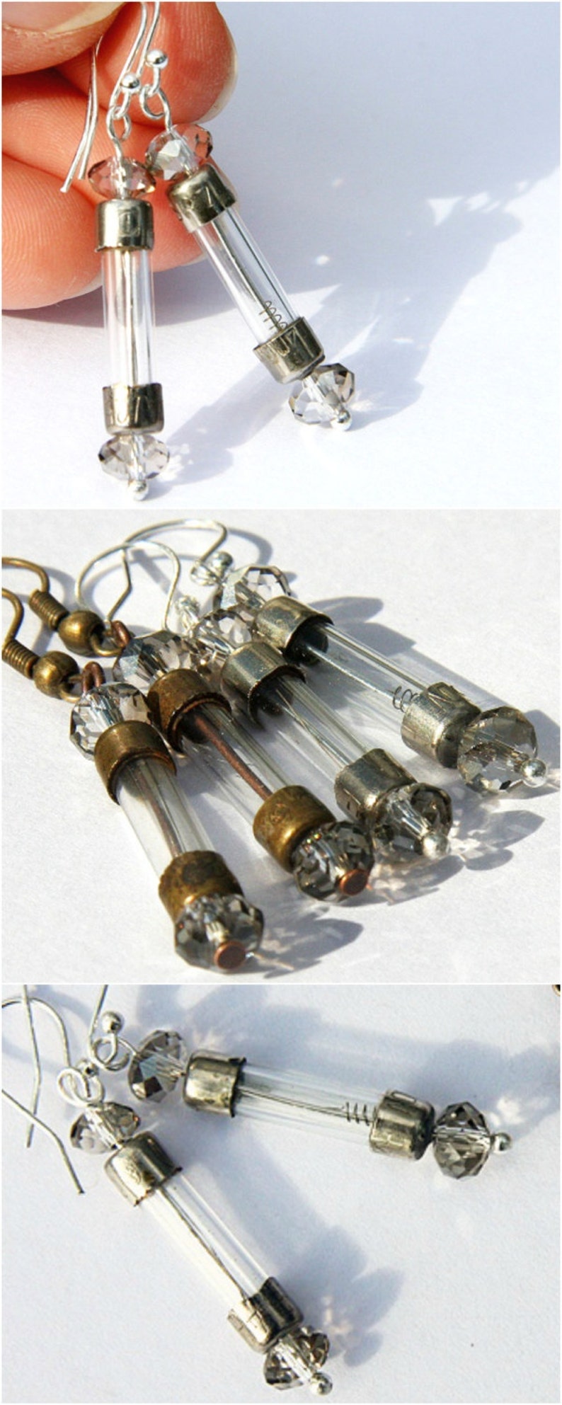 ON VACATION, Antique Fuse Steampunk Earrings Wearable Tech Glass Tube Earrings Upcycled recycled Electronic Computer Part image 1