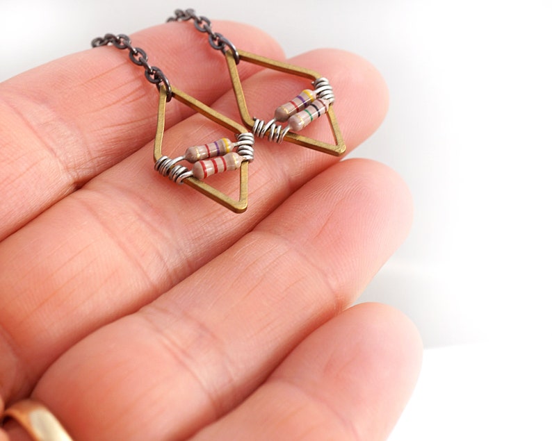 ON VACATION, Diamond Geometric Earrings, Petite Beige Resistor Electronic Black Gunmetal Chain Wearable Tech Computer Techie Jewelry image 10