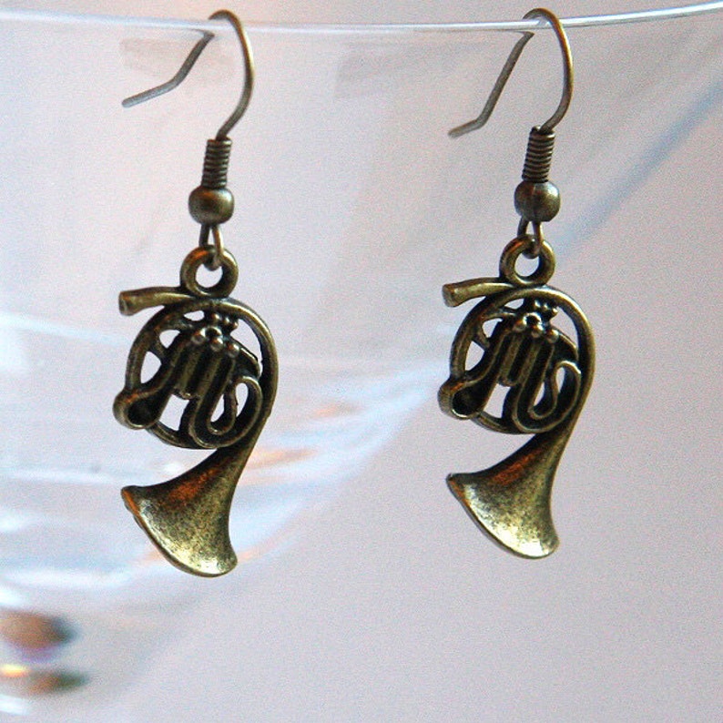 ON VACATION, Music Gift Music Earrings Steampunk Antique Brass French horn Jazz Band Orchestra gift for musician school friend image 3