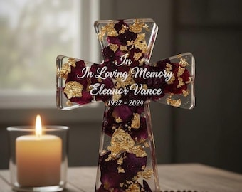 Personalized Memorial Resin Cross | Real Flower Keepsake