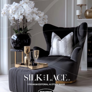 May include: A luxurious interior scene featuring a black velvet armchair with a striped pillow, a pleated ottoman with gold accents, and a tray with glasses and a bottle. A large white orchid arrangement sits in a black vase. The text "SILK AND LACE" is visible.