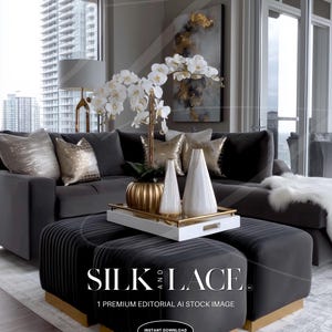 May include: A modern living room with a dark gray sectional sofa, ottoman, and decorative pillows. A white orchid arrangement and gold accents adorn a white tray on the ottoman. The image includes the text "SILK AND LACE".