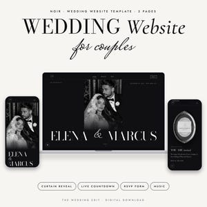 Wedding Website Template, Editable Couples Wedding Website with RSVP and Music, Monochrome Black and White, No Coding, Digital Download