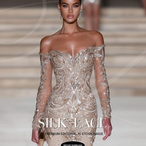 Op de afbeelding: Een beige off-the-shoulder jurk met ingewikkelde zilveren en gouden kralen. De jurk met lange mouwen heeft een getailleerd lijfje en een zwierige rok. De afbeelding bevat de tekst "SILK LACE" en "PREMIUM EDITORIAL AI STOCK IMAGE".