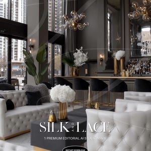 May include: An interior design image featuring a luxurious lounge area. The space includes white tufted sofas and chairs, a dark gray ottoman, and a bar area with black stools. Gold accents are visible in the lighting and decor. The text "SILK AND LACE" is displayed.