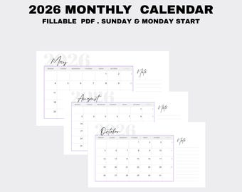 2026 Monatskalender DRUCKBARE 2026 Monatsplaner Landschaft 2026 Minimal Kalender A4 Letter Size Sonntag & Montag Start PDF Download,