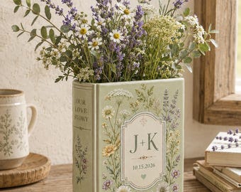 Vaso de cerâmica personalizado em formato de livro, vaso com nome e data personalizados, presente de casamento para casal, presente de aniversário, vaso para amantes de livros, decoração floral para casa.
