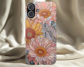 パステルカラーのひまわり柄スマホケース、ステンドグラス風、柔らかな花柄、アールヌーボー調、優しいデザイン
