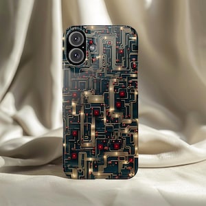 May include: A smartphone case with a circuit board pattern. The case has a dark teal background with gold lines and red square accents. The phone case has a glossy finish and a dual-lens camera.