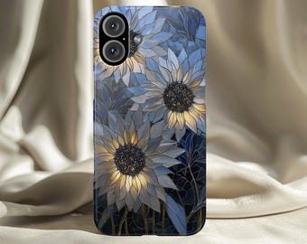Moonlit Sunflower Phone Case Stained Glass Blue Floral Night Botanical Art Design