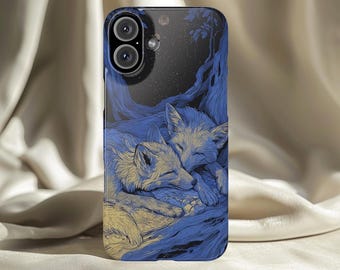 Fox Phone Case Moonlit Forest Guardians Illustration with Sleeping Foxes Engraved Line Art