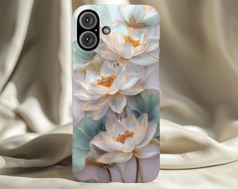 Custodia per telefono White Lotus con decorazione floreale perlata e linee dorate, design elegante e delicato.