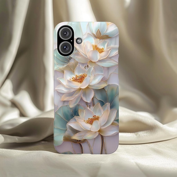 White Lotus Phone Case Pearlescent Floral Gold Line Art Soft Calm Elegant Design White Lotus Phone Case Pearlescent Floral Gold Line Art Soft Calm Elegant Design