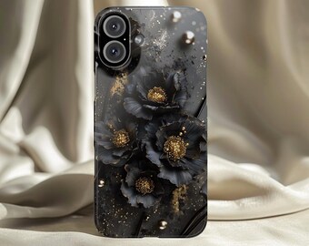 Funda para teléfono con diseño floral en dorado negro, flores de medianoche esculpidas con arte botánico metálico.