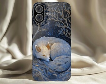 May include: A phone case featuring a sleeping fox illustration. The design showcases a white and blue fox curled up under a starry night sky with tree branches. The case has a glossy finish and a dark blue background.