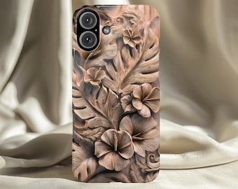 Carved Bloom Phone Case Warm Wooden Floral Relief Art Calm Natural Elegant Design