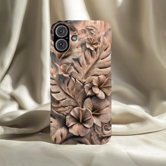 Carved Bloom Phone Case Warm Wooden Floral Relief Art Calm Natural Elegant Design Carved Bloom Phone Case Warm Wooden Floral Relief Art Calm Natural Elegant Design