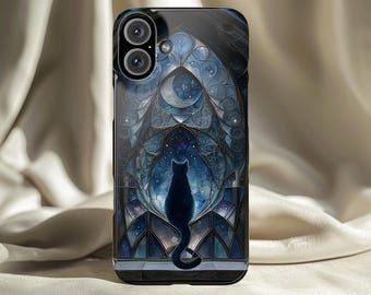 Moonlit Cat Phone Case Stained Glass Night Sky Feline Art Mystical Gothic Design