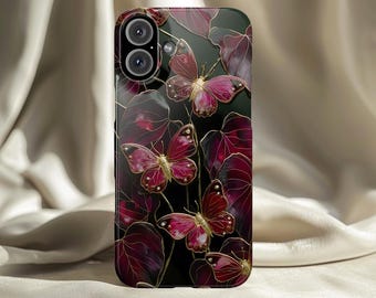 Luminous Butterfly Phone Case Cloisonne Enamel Wings Gold Line Floral Art Design