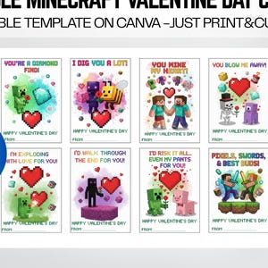 Pode incluir: Cartões de Dia dos Namorados Minecraft imprimíveis. Os cartões apresentam personagens pixelados e corações com frases como "You're a Diamond Find!" e "I Dig You a Lot!". Modelo editável no Canva.