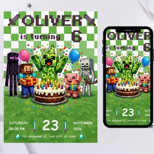 Minecraft Creeper Birthday Invitation, Gamer Party, Canva Template (Digital Download)