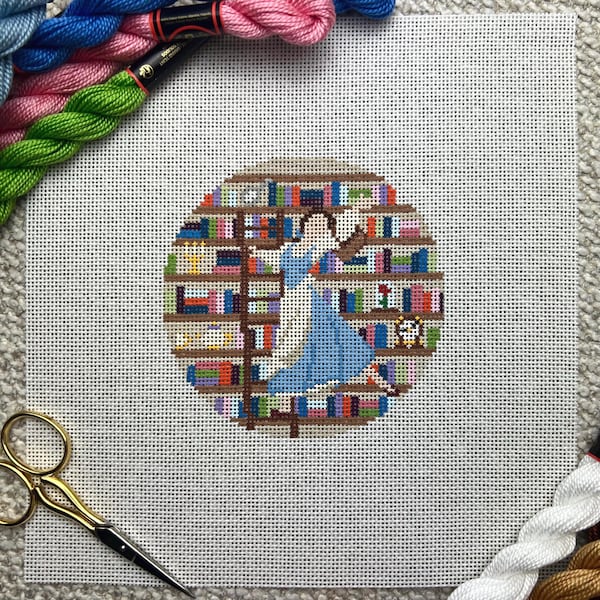 Belle Library Round Needlepoint Canvas Hand Painted 18 Mesh Ornament