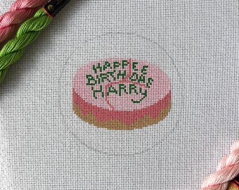 ハリーの誕生日おめでとう！バースデーケーキのニードルポイントキャンバス、手描き、18メッシュ