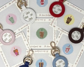 Coffee Drink Soda SELF FINISHING Key Fob Full Kit Keychain Bag Charm Needlepoint Canvas Hand Painted 18 Mesh Beginner Friendly