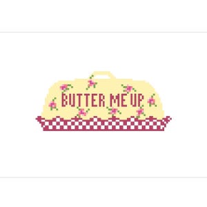 K&ouml;nnte beinhalten: Pixelige Illustration eines gelben Kuchens mit Griff und dem Text "BUTTER ME UP" in Braun. Der Kuchen ist mit rosa Blumen verziert und steht auf einer rot-wei&szlig; karierten Basis.