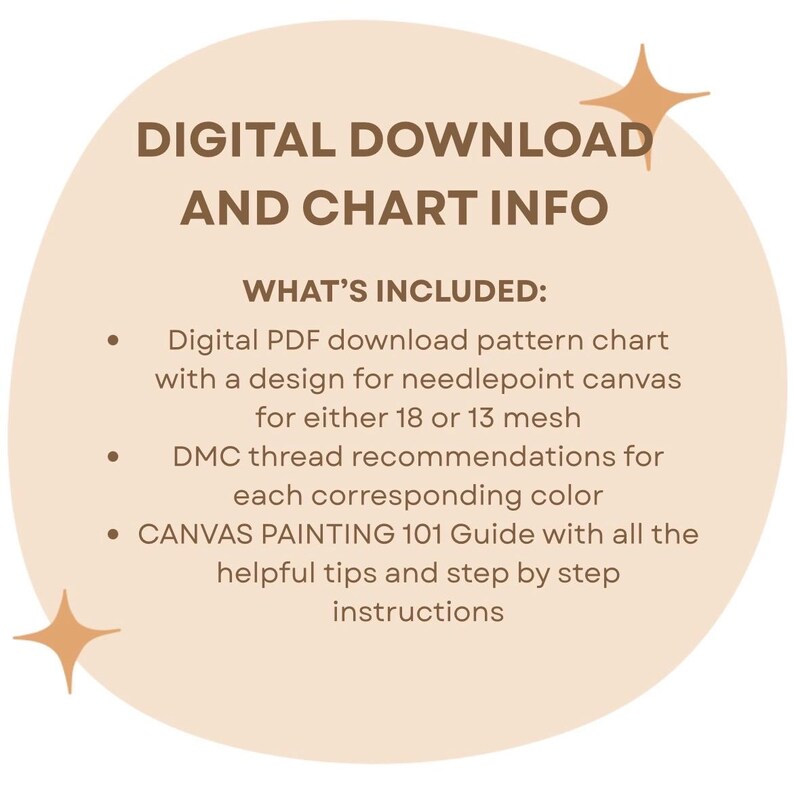 K&ouml;nnte beinhalten: Eine digitale Download-Grafik mit dem Text &bdquo;DIGITALER DOWNLOAD UND CHART-INFO&ldquo;. Die Grafik enth&auml;lt eine Liste der enthaltenen Elemente: ein PDF-Mustertabelle, DMC-Garnempfehlungen und eine Leinwandmalanleitung.