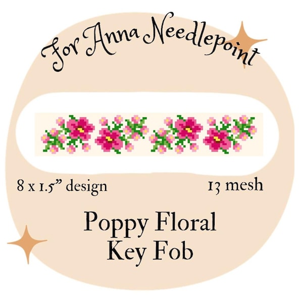 Patrón digital de punto de cruz para llavero con diseño de flor de amapola rosa, 13 mallas, moderno, cumpleaños de agosto