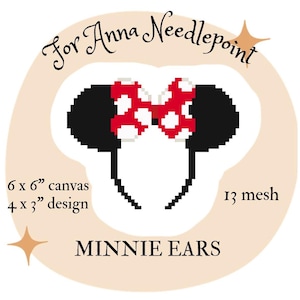 Może przedstawiać: Wzór uszu Myszki Minnie do haftu krzyżykowego. Projekt zawiera czarne uszy, czerwoną i białą kokardę w kropki oraz tekst "MINNIE EARS". Rozmiar płótna to 15,24 x 15,24 cm, z projektem 10,16 x 7,62 cm i 13 oczkami.