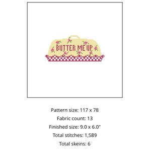 K&ouml;nnte beinhalten: Kreuzstich-Design mit einem gelben Kuchen mit dem Text "BUTTER ME UP" in Rot. Der Kuchen ist mit rosa Blumen verziert und sitzt auf einem karierten Rand. Die fertige Gr&ouml;&szlig;e betr&auml;gt 22,86 x 15,24 cm.