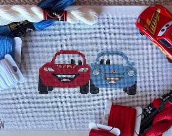 ライトニングとサリーの車に乗るニードルポイントキャンバスハンドペイント18メッシュ