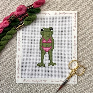 May include: A needlepoint canvas featuring a green frog wearing a pink bikini. The canvas is surrounded by pink and green embroidery floss and gold scissors. The text "For Anna Needlepoint" is printed on the canvas.