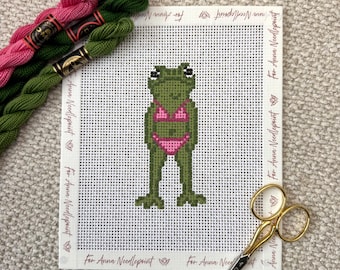 Grumpy Frog Girl in Pink Bikini Needlepoint Canvas Hand Painted 13 Mesh Beginner Friendly Trendy