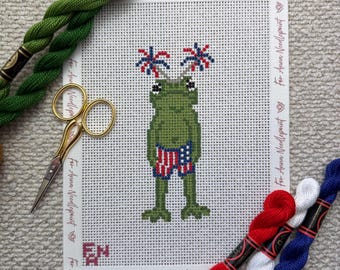 Grumpy Frog Fourth of July USA Needlepoint Canvas Hand Painted 13 Mesh Beginner Friendly Trendy