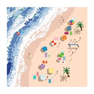 May include: Pixelated beach scene with blue ocean waves, sandy shore, and colorful umbrellas. Includes people, palm trees, and beach accessories like a surfboard and a life preserver. A sunny day at the beach.