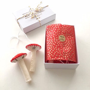 Wool Felt Mushrooms, Set of Two Ornaments , Red and Cream image 2