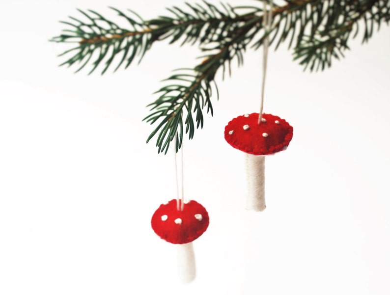 Wool Felt Mushrooms, Set of Two Ornaments , Red and Cream image 3