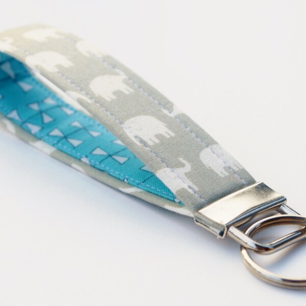 Key Fob, Wristlet Keychain, White Elephants on Grey Fabric