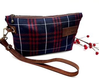 Waxed Canvas and Genuine Leather Wristlet Clutch, Navy Plaid